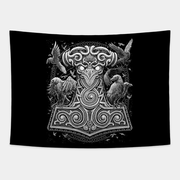 Viking Mjolnir Thors Raven Hammer Norse Pagan Knotwork Ravens Tapestry by Blue Pagan