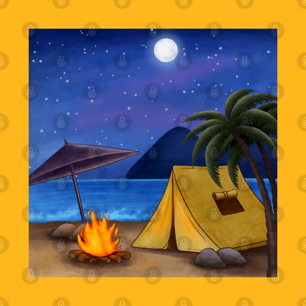 Summer Night Illustration With Tent Beach by Mako Design 