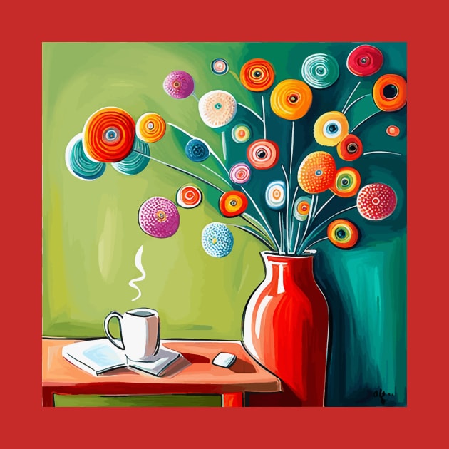 Inquisitive Cute Abstract Flowers in a Red Vase Still Life Painting by bragova