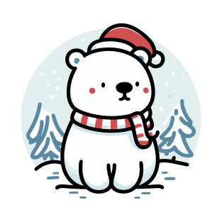 Cute Snowy Polar Winter Bear Santa Hat Scarf Holiday T-Shirt