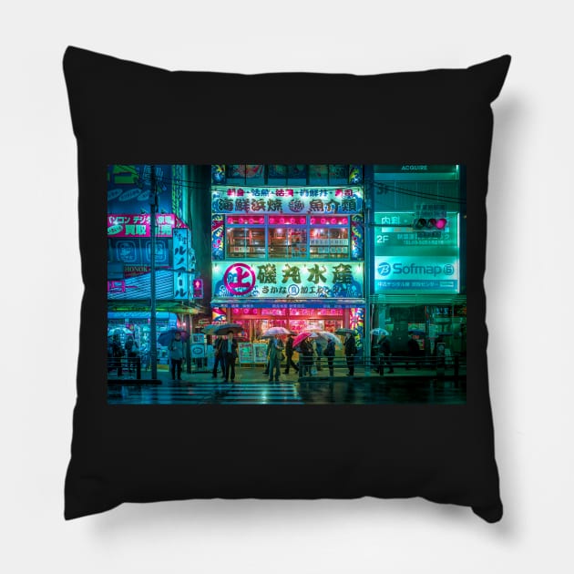 Cyberpunk vibes in Akihabara Pillow by TokyoLuv