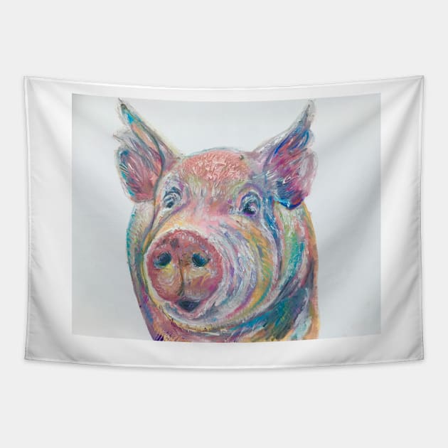 Colourful oil pastel pig Tapestry by Merlinsmates