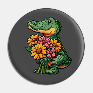 Crocodile Holding Flowers Pin