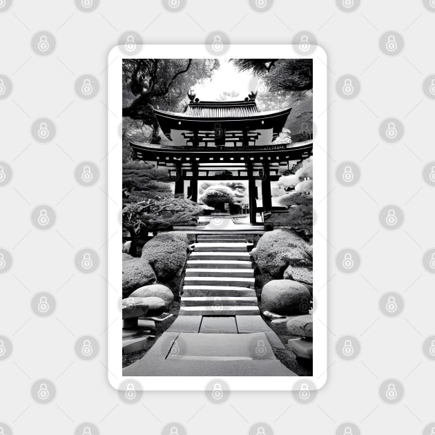 Japanese garden with shrine, black and white Magnet by Ravenglow