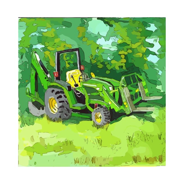 Artistic illustration of a “green” backhoe tractor with front loader by WelshDesigns