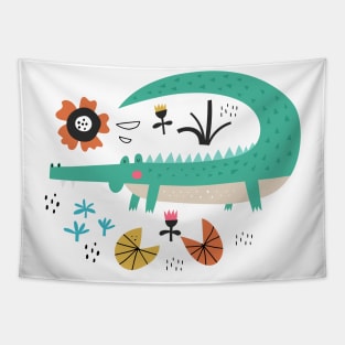 Happy Green Crocodile Tapestry