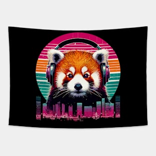 Cute Retro Music Red Panda In Headphones Tapestry