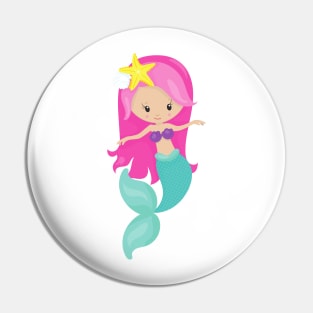 Cute Mermaid, Little Mermaid, Pink Hair, Starfish Pin