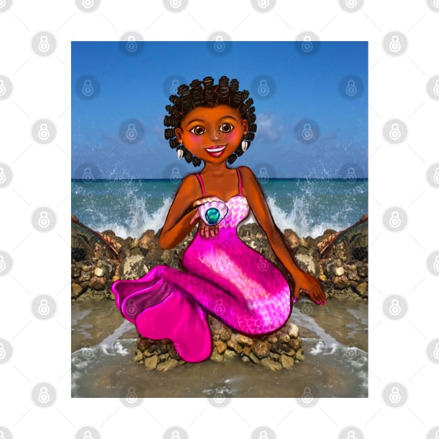 Mermaid Anime mermaid holding a rare black pearl,Afro hair in Bantu knots  and caramel brown skin - light background by Artonmytee