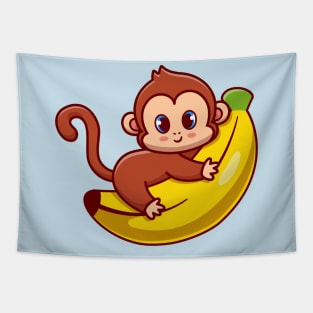 Cute Monkey Hug Banana Cartoon Tapestry