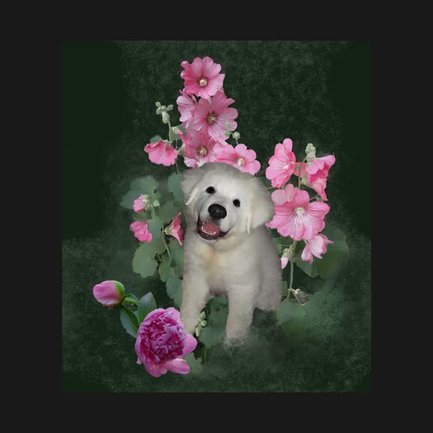 Sweet Puppy and Pink Flowers by WhiteBearDesign