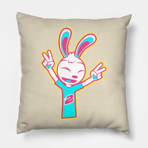 Happy Rabbit With Two Raised Peace Hand Signs Pillow by MOULE