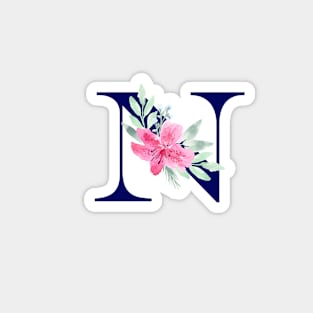 Watercolor Floral Letter N in Navy Magnet