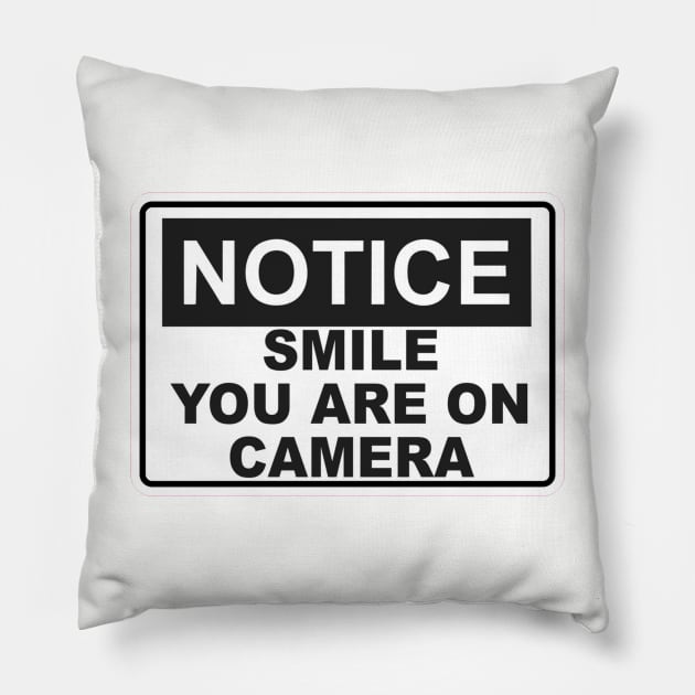 Notice - Smile You are on camera - Sign Pillow by  The best hard hat stickers 