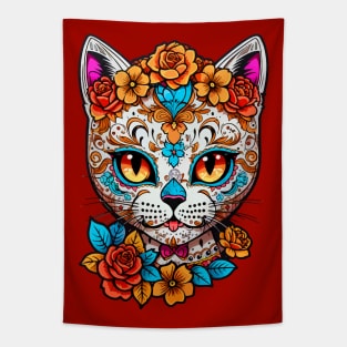 Sugar Skull Cat  Halloween Tapestry