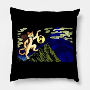 Vintage Japanese Art Sports Hiker Mountain Climbing Cat Pillow