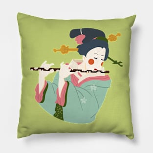 Art Deco Japanese Woman playing the flute illustration Pillow