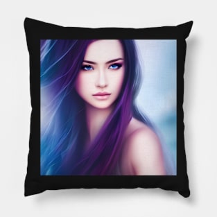 Blue-eyed Woman with Black and Purple Hair Pillow