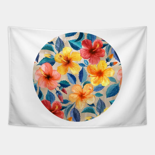 Colorful Watercolor Hibiscus on Warm Beige Tapestry by micklyn