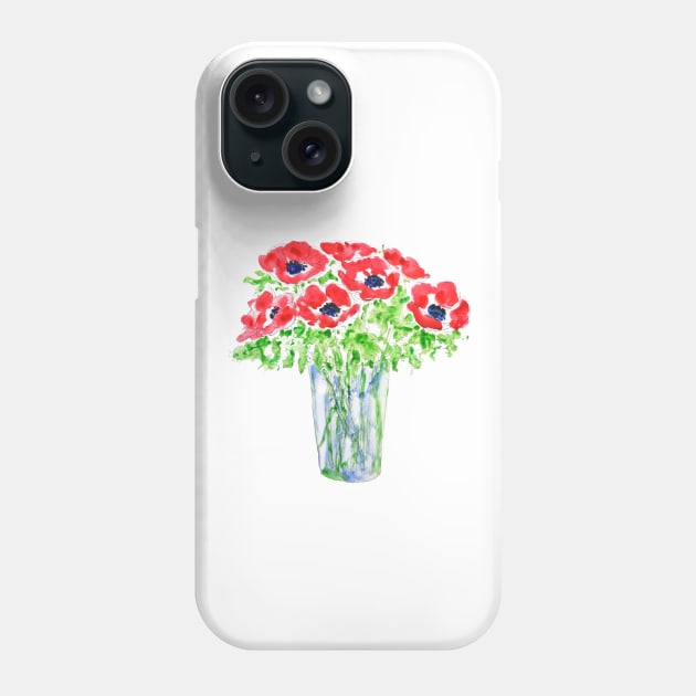 red anemones flowers ink and watercolor Phone Case by colorandcolor