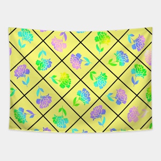 Window Pane Diagonal Floral Black Line on Yellow Tapestry