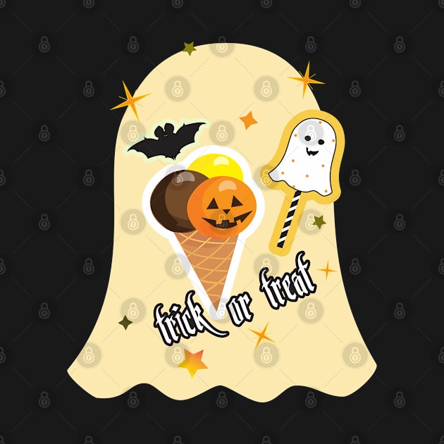 Pumpkin Ice Cream with Waffle Cone and Cute ghost Halloween Holiday cartoon characters sticker by sofiartmedia