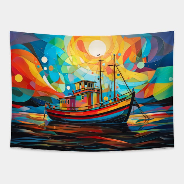 Fishing Boat Concept Abstract Colorful Scenery Painting Tapestry by Cubebox