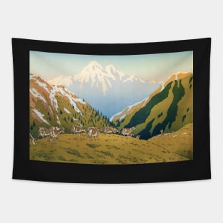 Cows on Mountain Hills Landscape Painting Tapestry