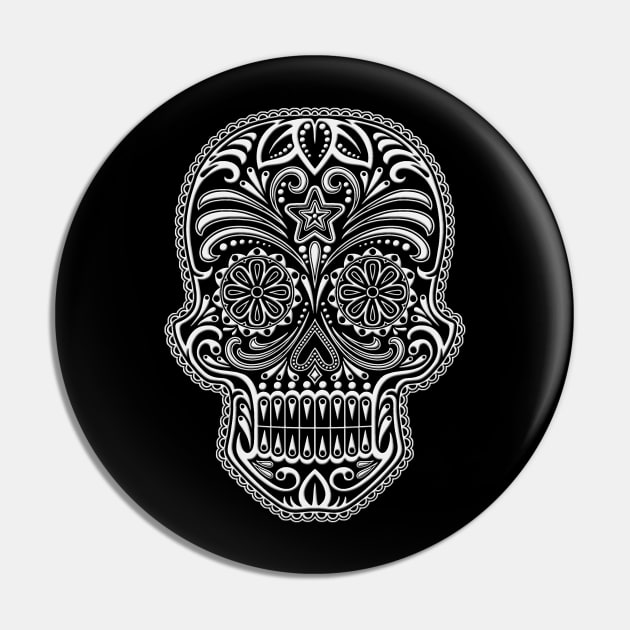 Intricate White and Black Sugar Skull Pin by jeffbartels