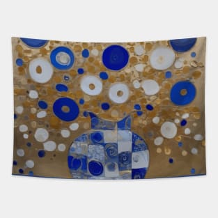 Blue Gold and White Abstract Flowers in a Blue and White Vase After Klimt Tapestry