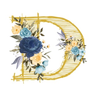 Monogram Letter D In Metallic Gold With Aesthetic Blue Flowers Botany T-Shirt