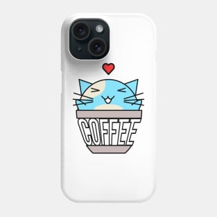 Happy cat in coffee cup with warped text heart on head blue Phone Case