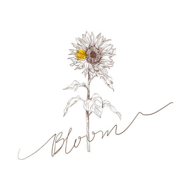 Line art sunflower with hand lettering "Bloom" by thecolddots