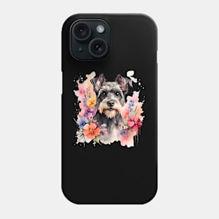 A schnauzer dog decorated with beautiful watercolor flowers Phone Case