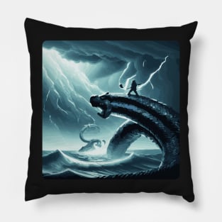 Thor Riding a Huge Serpent - Epic Illustration for Your Home Pillow