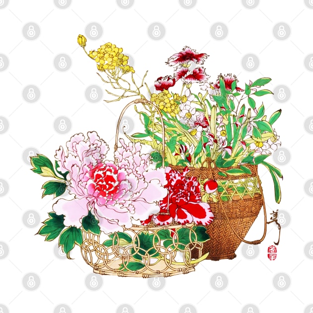 Japanese flower basket ukiyo-e art by kanchan