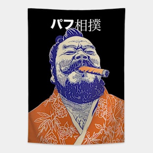 Puff Sumo in Japanese: Smoking a Fat Robusto Cigar on a dark (Knocked Out) background Tapestry