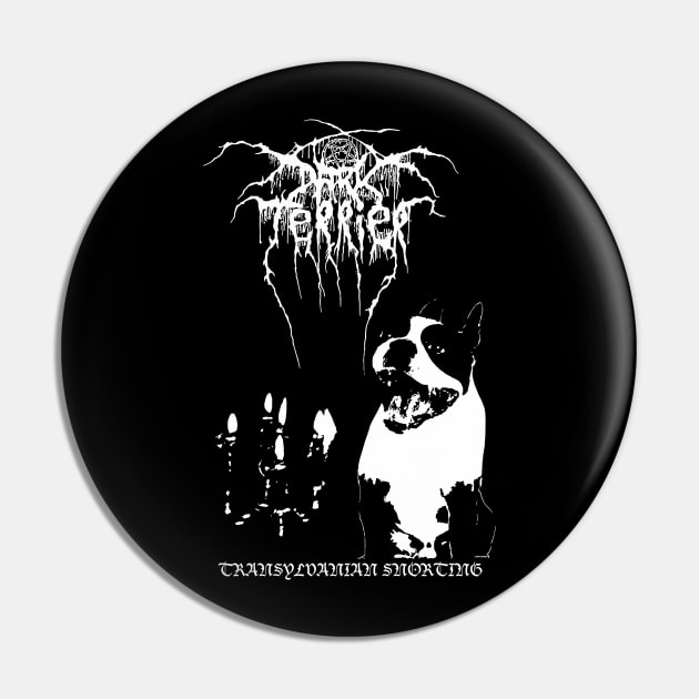 Dark Boston Terrier Throne / Black Metal Dog Design Pin by darklordpug