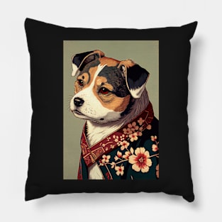 Brown and White dog with green robe - Japanese style Pillow