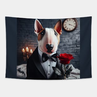 Bull terrier dog in formal tuxedo with rose and candlelight Tapestry