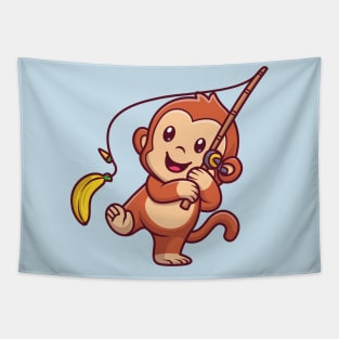 Cute Monkey Fishing Banana Cartoon Tapestry