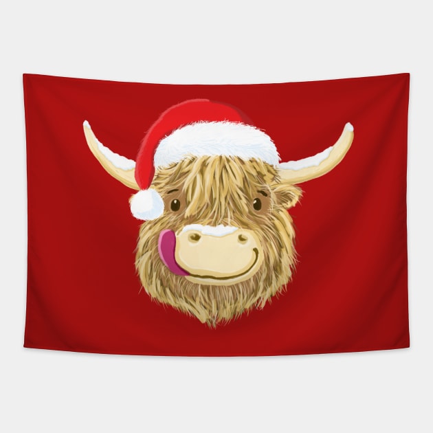 Scottish Highland Cow Christmas Santa Hat Tapestry by brodyquixote