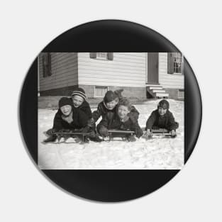 Boys Sledding, 1936. Vintage Photo Pin