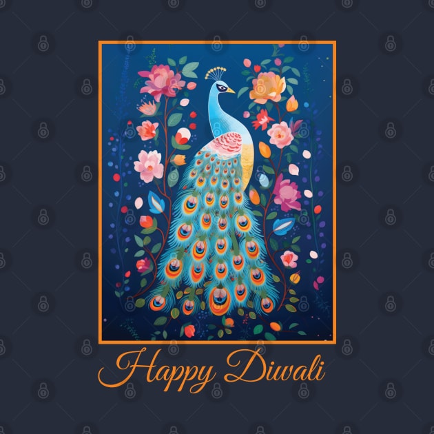 Blue Folk Art Peacock & Pink Flowers Happy Diwali Deepavali Celebration by karenmcfarland13