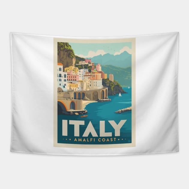 Italy Amalfi Coast Vintage Art Tapestry by Aquora Art