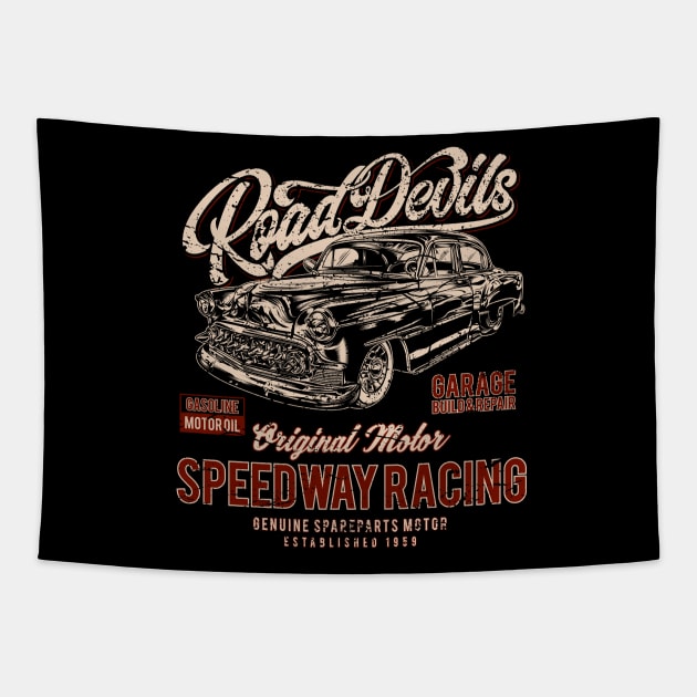 Road Devils Speedway Racing Hot Rod Tapestry by RockabillyM