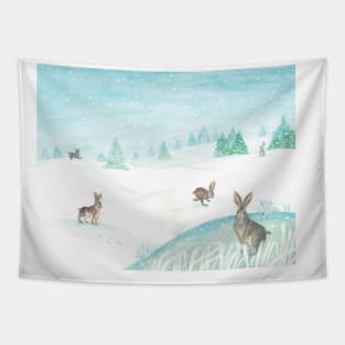 Wild rabbits in the snow in white winter Tapestry