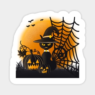 Halloween Cat With Pumpkin & Spooky Spiderweb Magnet