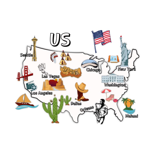 United states map, major cities names USA map  national symbols and landmarks by Mashmosh