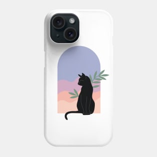 Вoho minimalist black cat with plants and sunset Phone Case